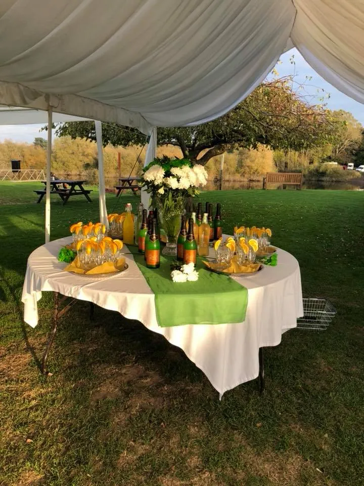 Guests enjoying drinks on the riverside lawn
